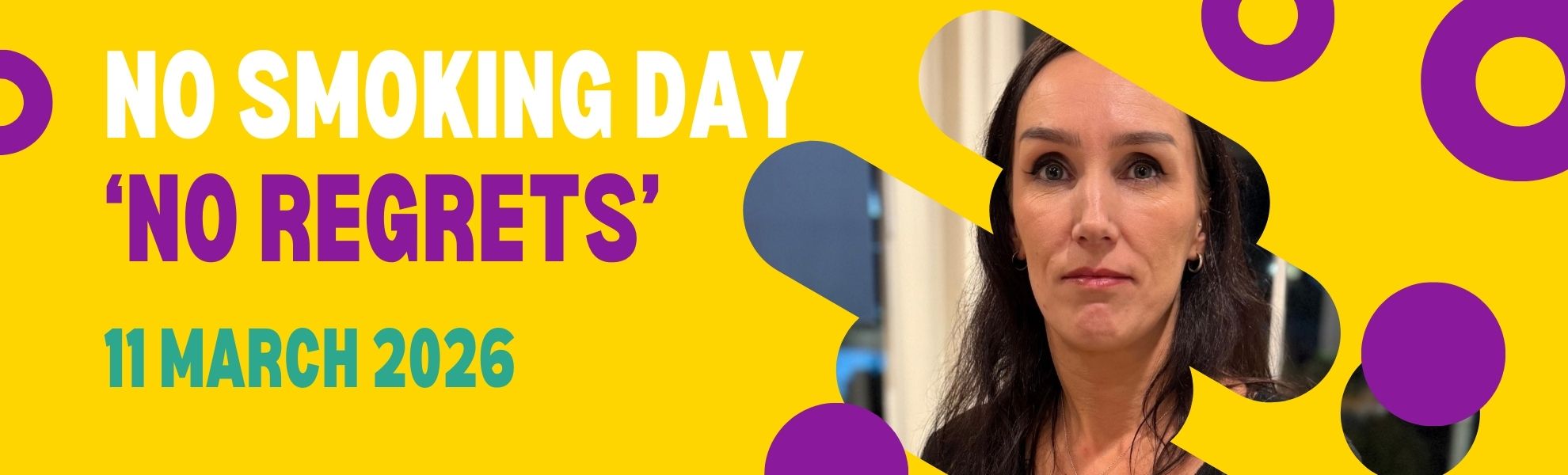 Vic, a middle aged ex smoking female who quit with FGS support looks direct to camera as part of a web banner promoting 2026's No Smoking Day
