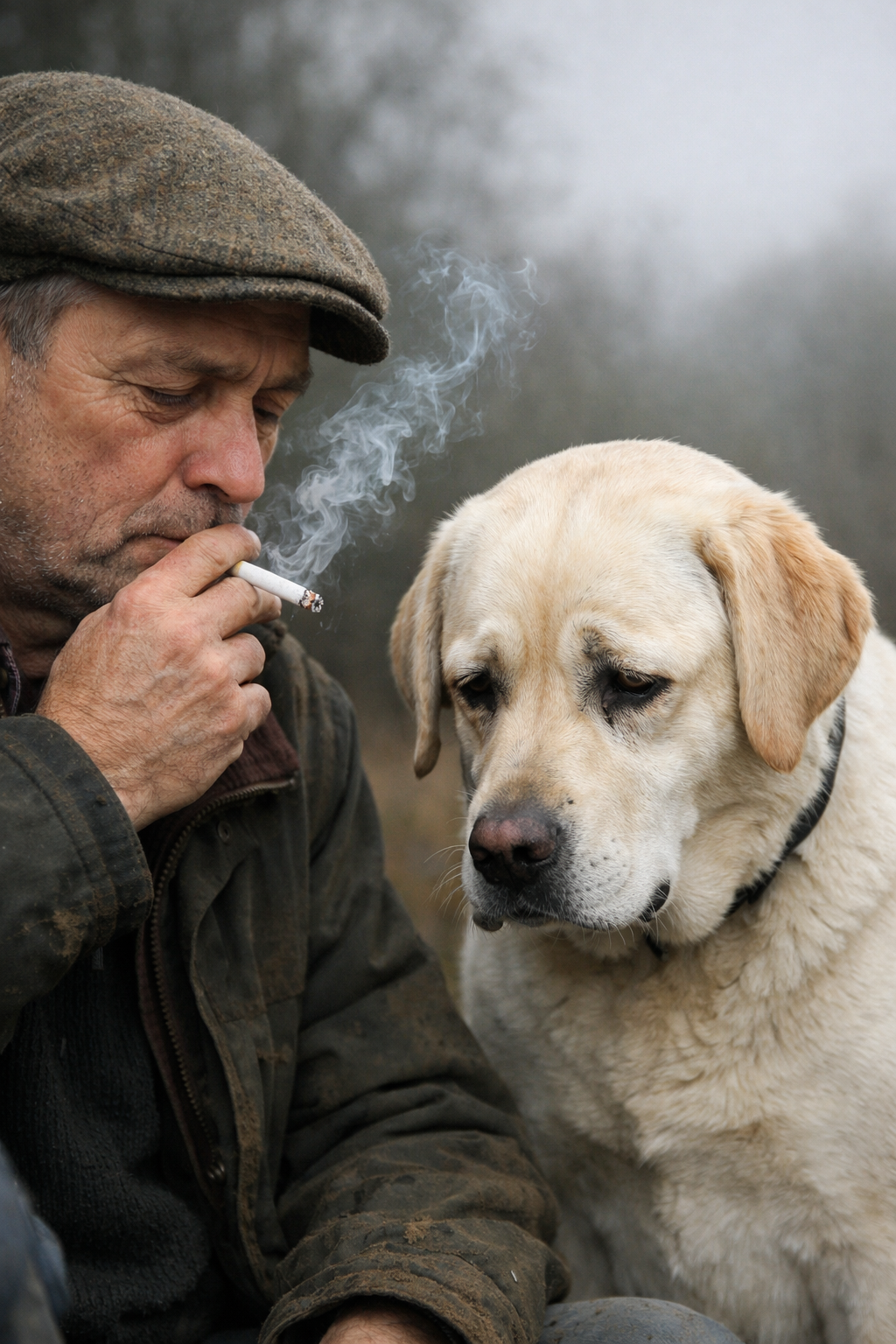 A white british man in his late middle age is smoking a cigarette outdoors. He is with his labrador.