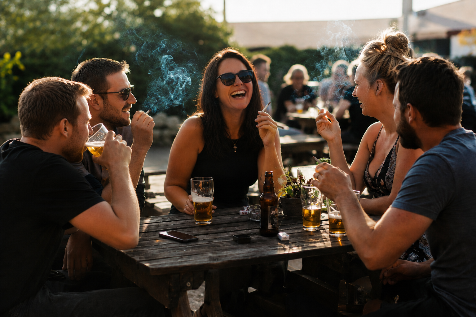 Un grup de prieteni de 30 de ani fumează o țigară în grădina unui pub vara, zâmbind și râzând.