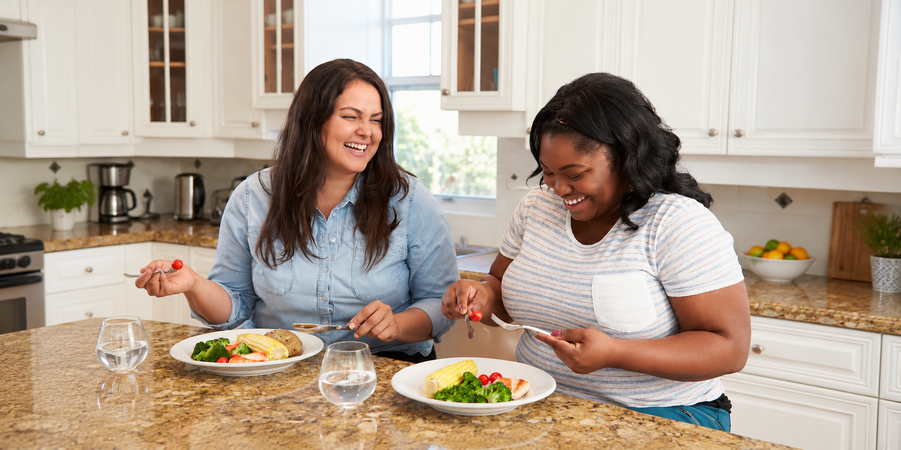 A family smiling and eating a healthy meal